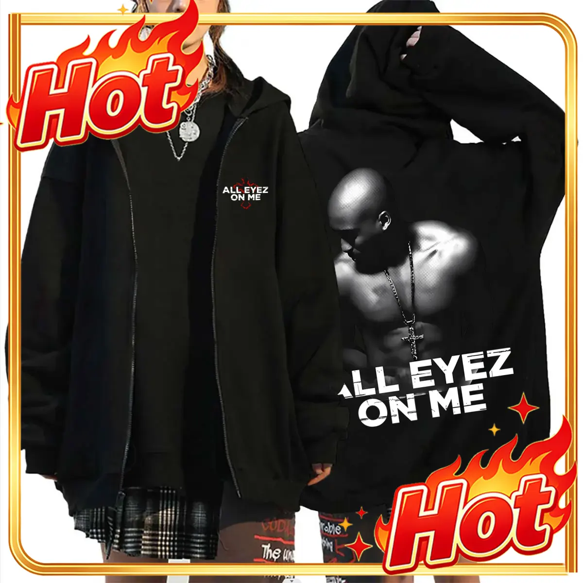 Mens Fashion Zip Up Hoodies - Jaket Hoodie Ritsleting dengan Motif Tupac
